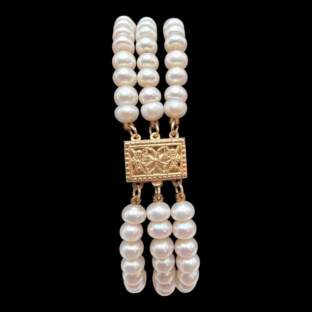 Pearl Bracelet Gold Tone Three Strand Small 7 3/4"